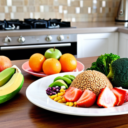 Home 15 **Image:** A vibrant and balanced plate of food, showcasing a variety of fruits, vegetables, lean protein, and whole grains. The background is a modern kitchen setting.
**Prompt:** "Healthy eating concept. A colorful plate of balanced food including fruits, vegetables, protein, and whole grains in a modern kitchen, vibrant colors, nutritional balance, healthy lifestyle, food photography."