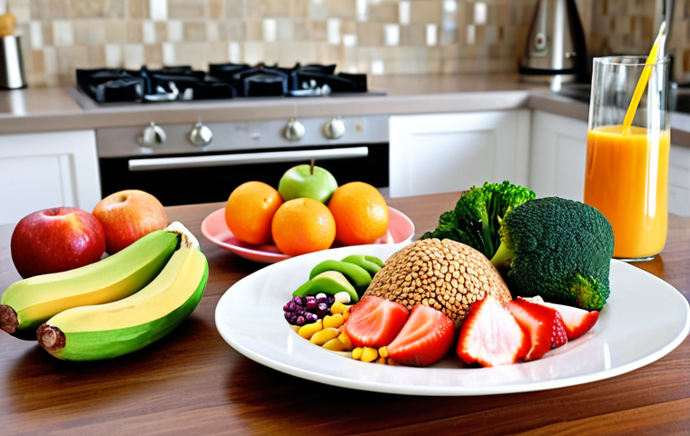 **Image:** A vibrant and balanced plate of food, showcasing a variety of fruits, vegetables, lean protein, and whole grains. The background is a modern kitchen setting.
**Prompt:** "Healthy eating concept. A colorful plate of balanced food including fruits, vegetables, protein, and whole grains in a modern kitchen, vibrant colors, nutritional balance, healthy lifestyle, food photography."