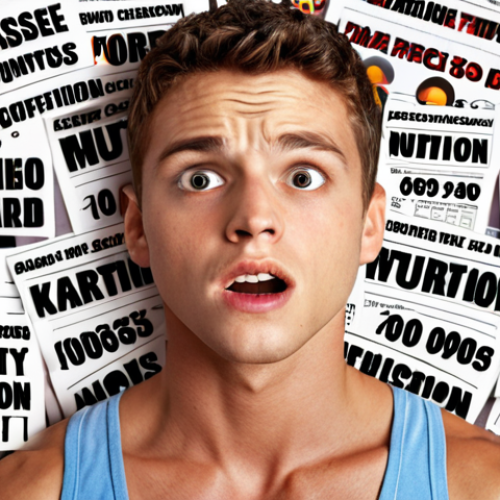 Home 14 **Image:** A frustrated exam candidate surrounded by scattered papers filled with calorie counts, macro percentages, and conflicting exercise plans. Overlaid text: "Knowledge Gaps: Nutrition & Exercise Confusion."